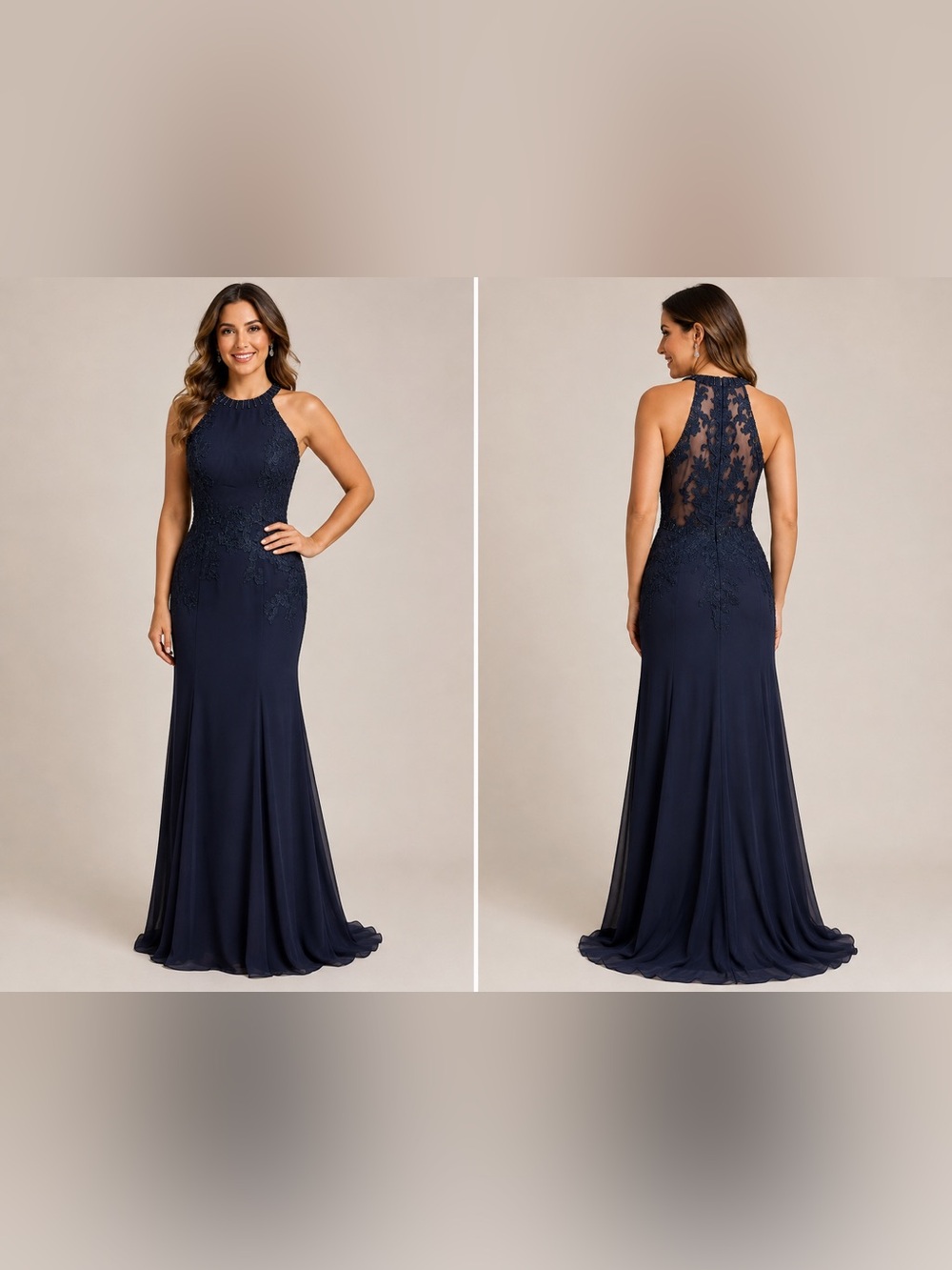 Navy Blue Lace Illusion Back Halter Formal Gown NWOT Size Small